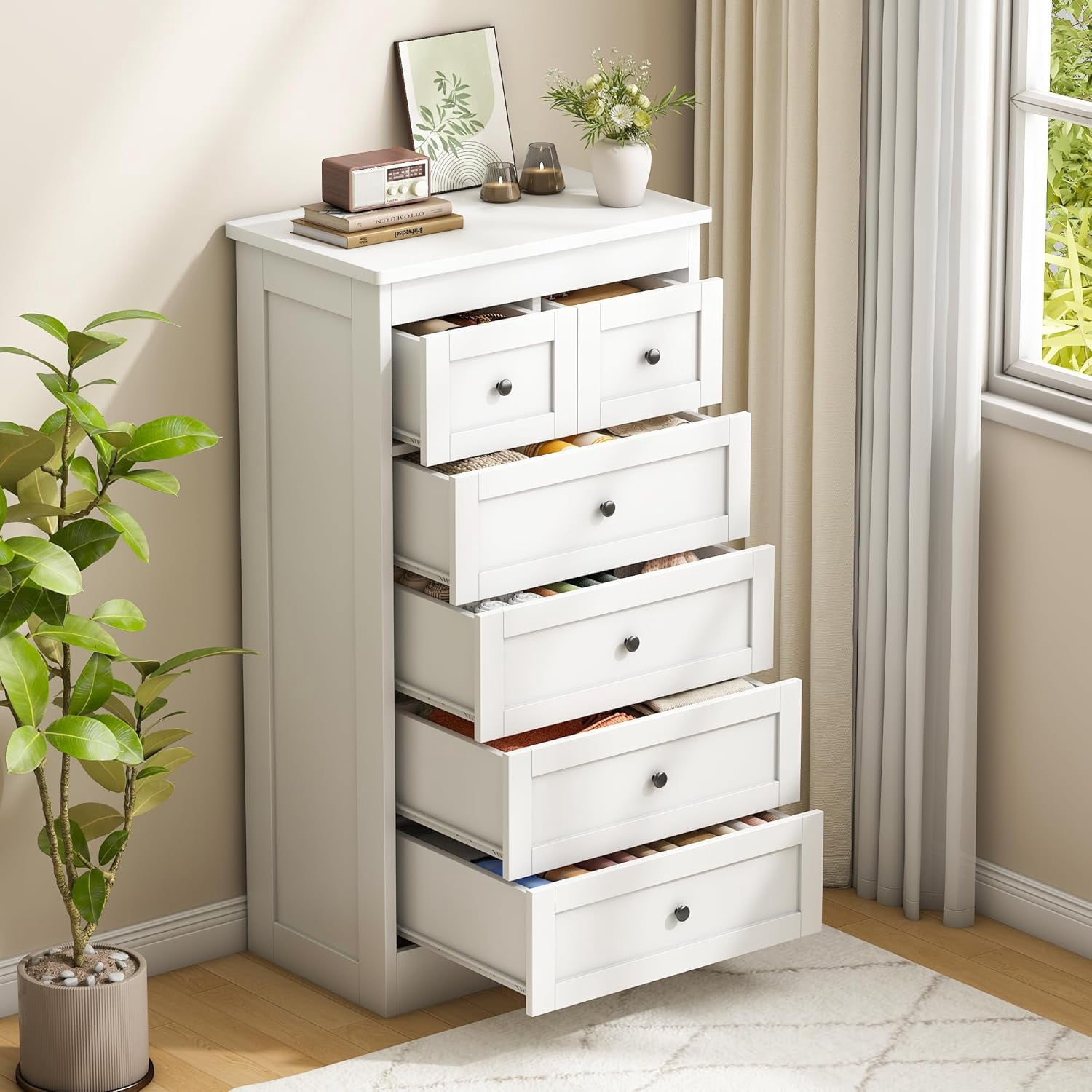 Pipleo White Dresser Tall 6 Drawer Dresser for Bedroom, 43.3" Modern Farmhouse Wood Chest of Drawers, Storage Organizer with Smooth Metal Rails & Anti-Tip Kit for Hallway, Closet, Living Room