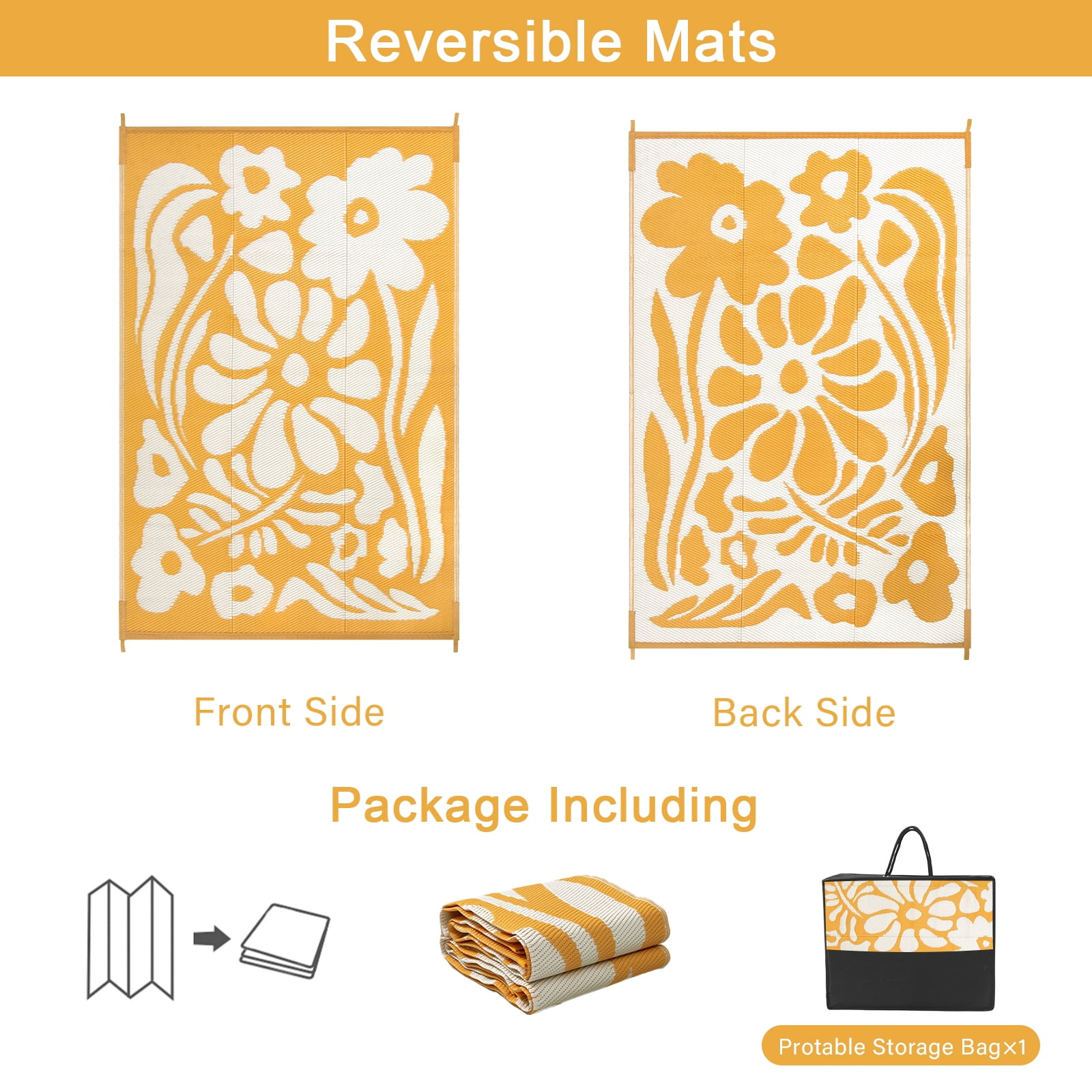 Lahome 4'x6' Waterproof Outdoor Rug, Reversible Straw Mat Patio Carpet - Orange Abstract Floral Design for RV Balcony Beach Garden Deck (Orange, 4'x6')