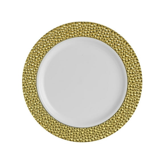 Hammered Collection 10 1/4" White w/ Gold Hammered Border Banquet Plastic Plates 10ct.