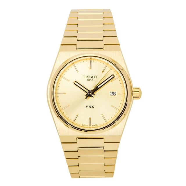 tissot prx gold tone stainless steel champagne dial swiss quartz t137.210.33.021.00 100m women's watch Frente centrada del reloj Tissot PRX en tono dorado; correa integrada de acero inoxidable con eslabones planos; caja octogonal delgada con acabado cepillado; esfera champán con índices aplicados y manecillas dauphine doradas; ventana de fecha a las 3; inscripciones TISSOT 1853 y PRX visibles. Fondo blanco. También suele usarse como reloj diario elegante para ocasiones formales.