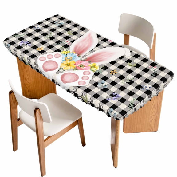 Easter Table Cloths for 5 Foot Rectangle Tables, Spring Rabbits Ears Feet Wildflowers Black Plaid Patio Waterproof Elastic Fitted Tablecloths, Washable Rectangular Table Cover for Camping