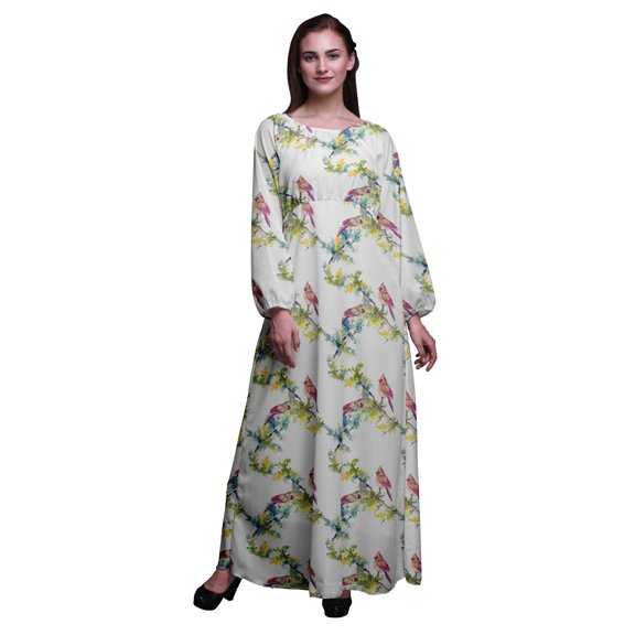 Bimba Moss Georgette Bulbul Bird Print Womenâ€™s Long Elastic Waist Casual Summer MaxiÂ Dress-Large