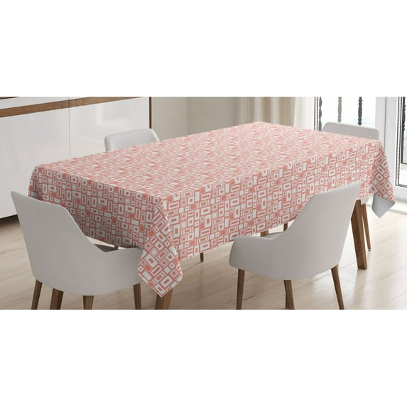 Geometric Tablecloth, Geometrical Pattern with Rectangles and Dots Contemporary Style Abstract Art, Rectangle Satin Table Cover for Dining Room and Kitchen, 60" X 84", Blush and White, by Ambesonne