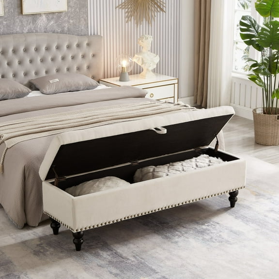 Newboti Furniture 59" Bed Bench Ottoman with Storage Beige Fabric 77194
