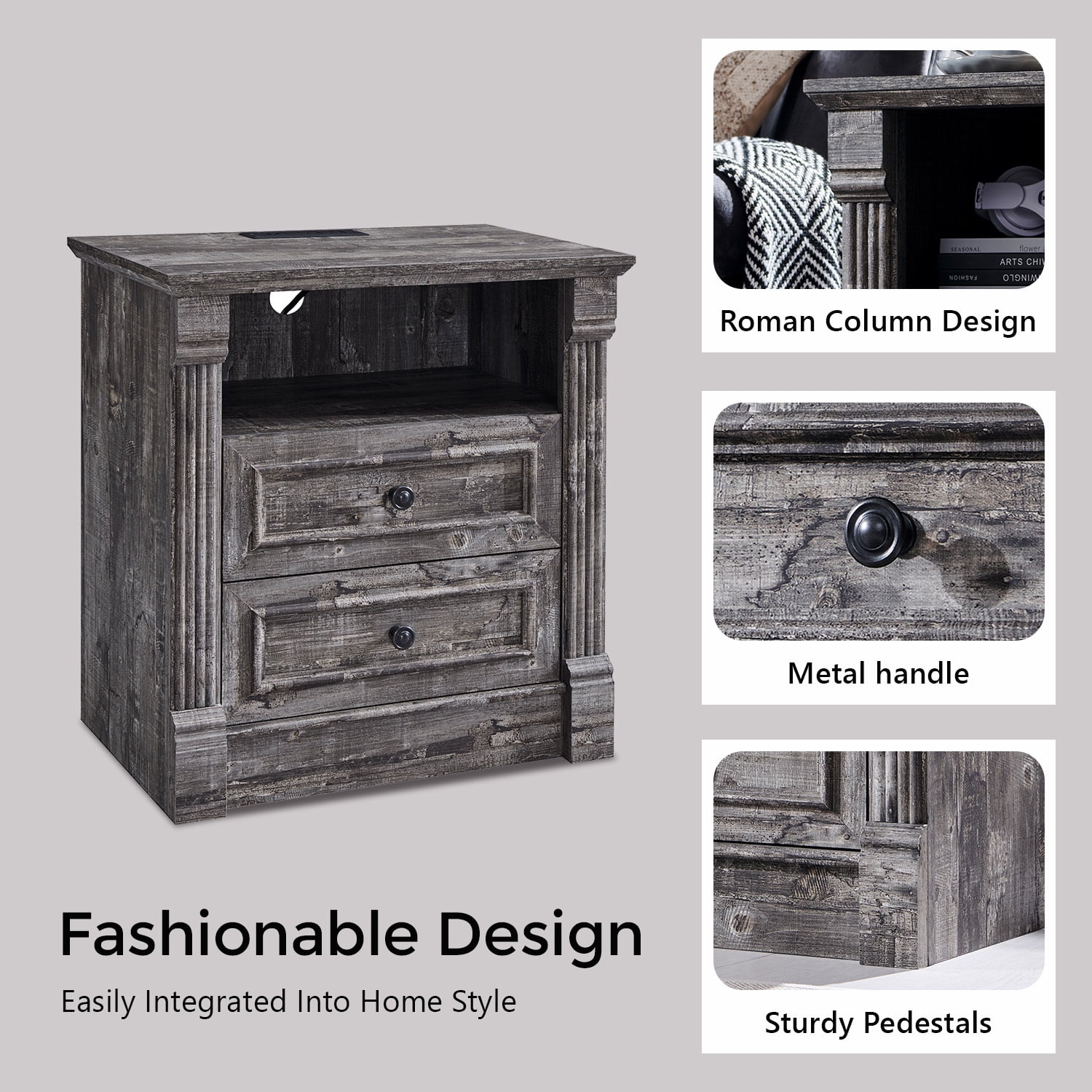 wow97e Farmhouse Nightstand set of 2, End Table w/Charging Station, Roman Column, Wood Rustic Bedside Table w/Open Shlef for Bedroom