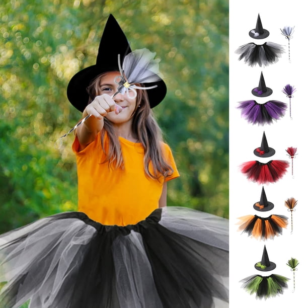 Xihbxyly Disfraz de Bruja de Halloween, Conjunto de Vestido de Bruja Cos, Atuendo de Fiesta Mágico, Sombrero y Escoba de Bruja Incluidos, Diversión de Aventura Fantástica, Perfecto para Halloween, Co