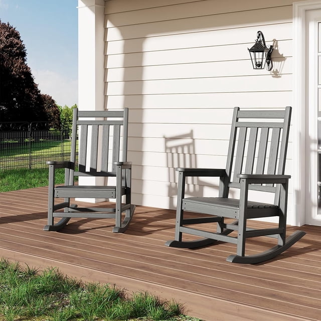 Patio Chair Set of 2 Oversized HDPE Rocking Adirondack Chairs, Weather Resistant High Back Patio Chairs, Heavy Duty, No Assembly Needed, 380 lbs Capacity for Lawn or Garden, Grey Finish, Pressed Wood