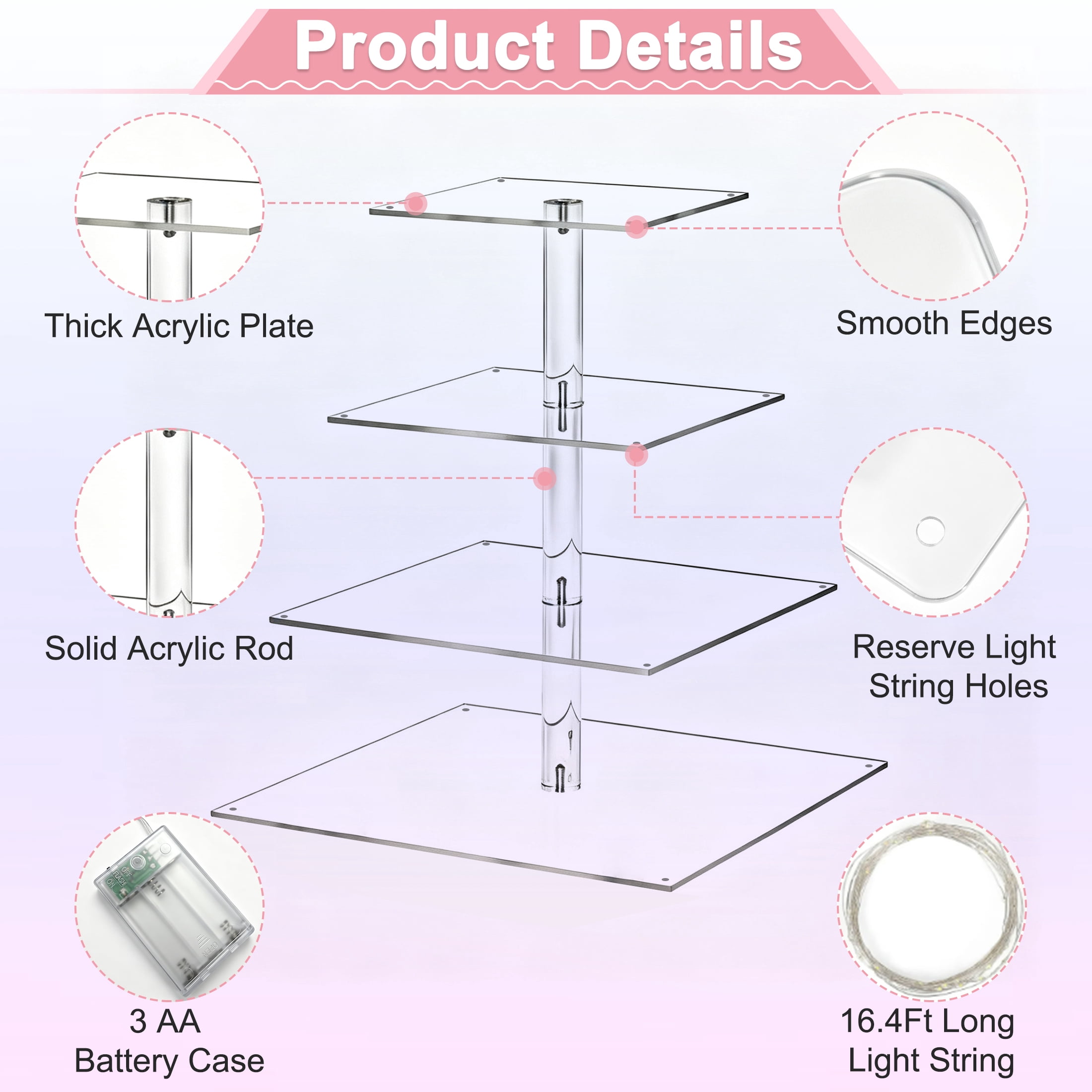 4‑Tier Square Cupcake Stand, Clear Dessert Tower Display Holder with LED Light String, Holds up to 50 Cupcakes for Birthday Wedding Party Tea Serving