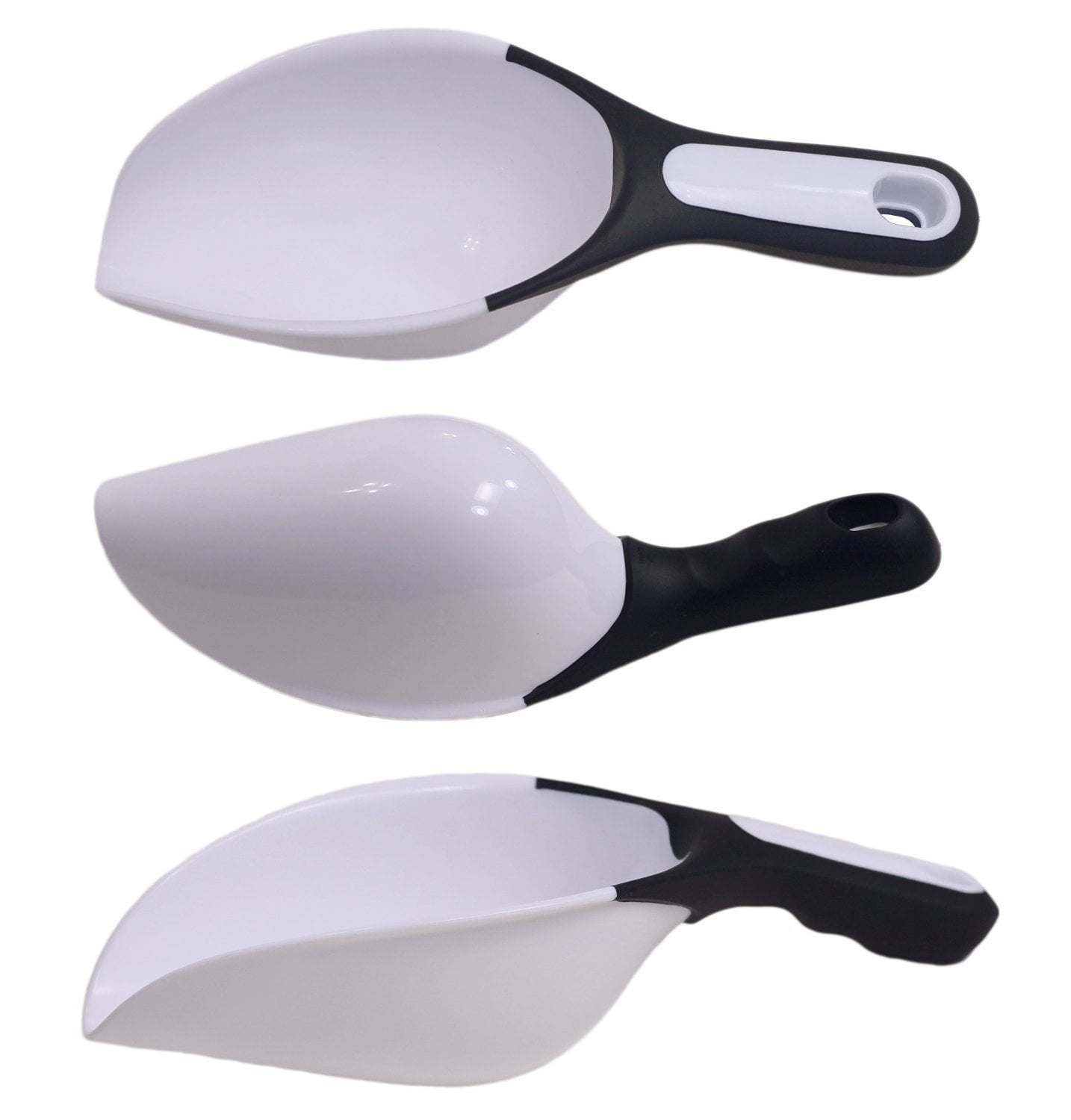 Set of 3 Plastic Scoops, Multipurpose, Comfort Grip Handle (White