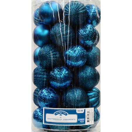 Holiday Time Teal Shatterproof Christmas Ornament Set, Set of 41