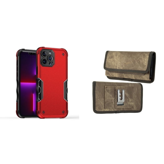 Case with Belt Holster Bundle for iPhone 14 Pro Max: Slim EX Hybrid Series Shockproof Case (Red) and Rugged Denim Nylon Phone Pouch (Tan Brown)
