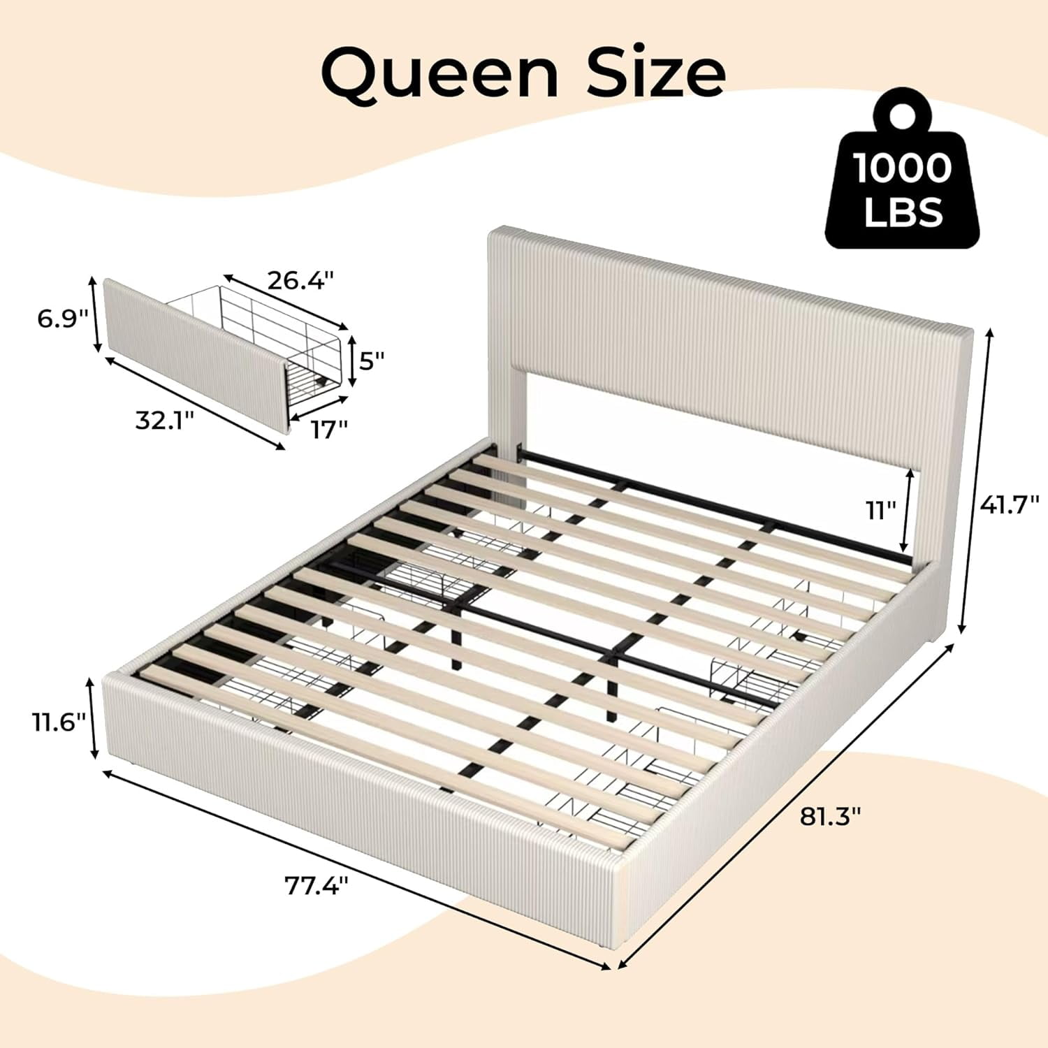 Hetoy Bed Frame, Queen Size Platform Bed with 4 Storage Drawers, Upholstered Corduroy Channel Tufted Headboard Bed Frame with Strong Wooden Slat Support, No Box Spring Needed, Beige