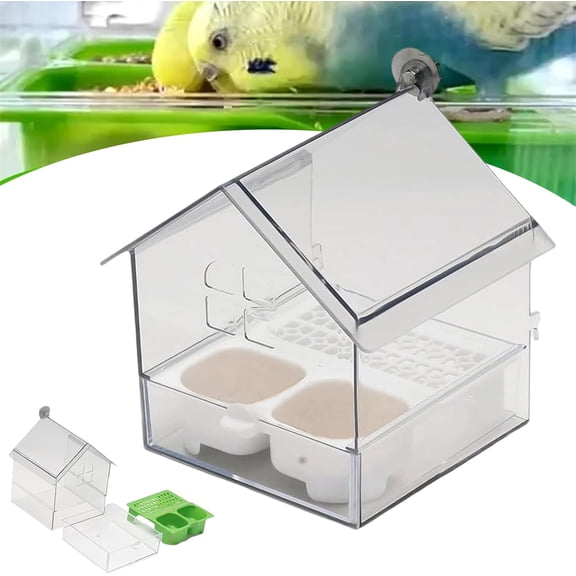 Pull-Out External Parrot Feeder, HangingTransparent Bird Feeders, Decorative Transparent Bird Cage House Two Food Troughs for Finch and Hummingbird Watching, Easy-to-Clean (White)
