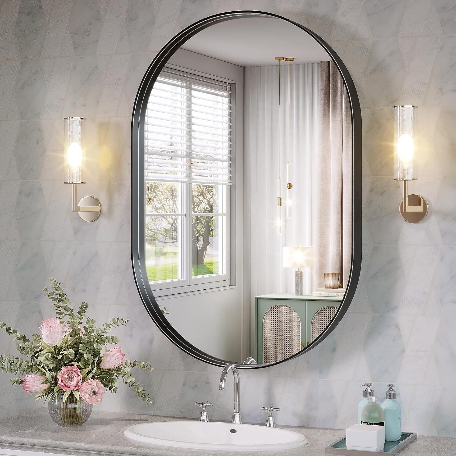 Anyrose 22"x 38" Oval Bathroom Mirrors Wall Mirror Deep Frame Hanging,Black