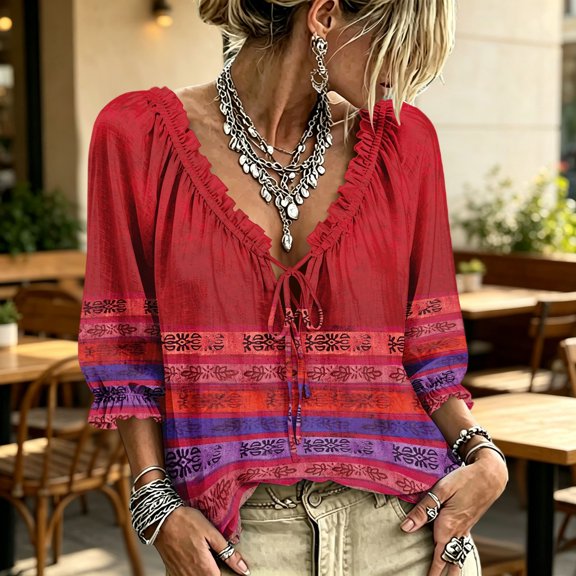 Polka Dot Lace Up Blouse Women's V-Neck Abstract Geometric Print Beach Vacation Clothes