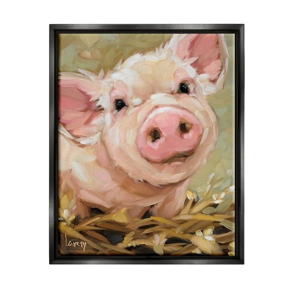 Happy Pig Farm Animal Portrait Animals & Insects Painting Jet Black Framed Art Print Wall Art