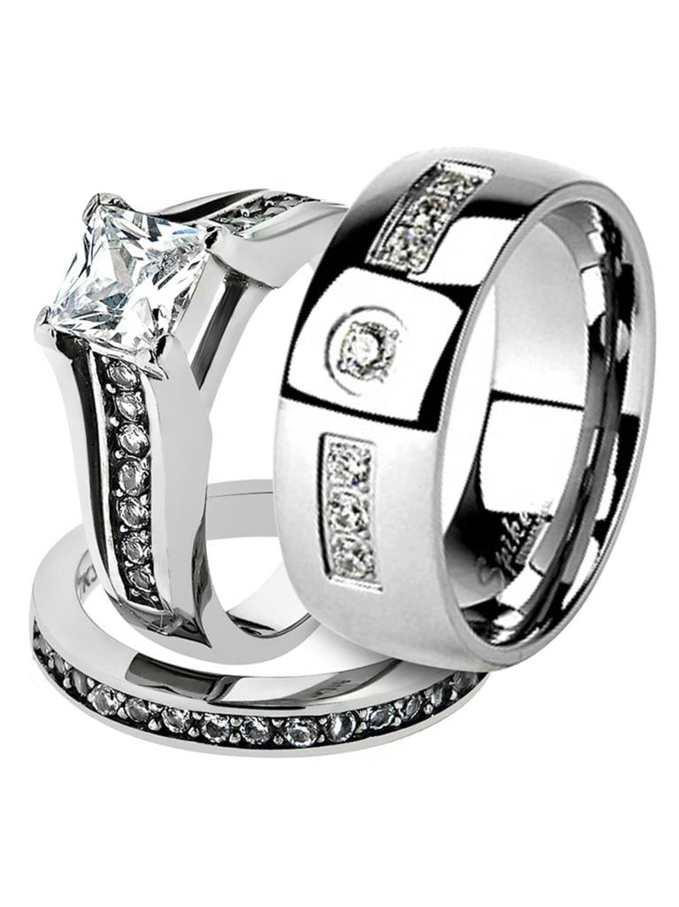 Marimor Jewelry His & Her Stainless Steel 2.10 Ct Cz Bridal Ring Set & Men Zirconia Wedding Band