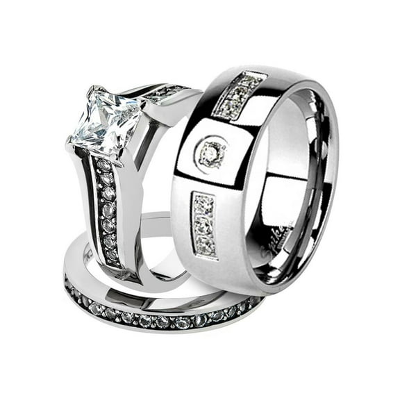 His and Her Stainless Steel 2.10 Ct Cz Bridal Ring Set and Men Zirconia Wedding Band Women's Size 10 Men's Size 12