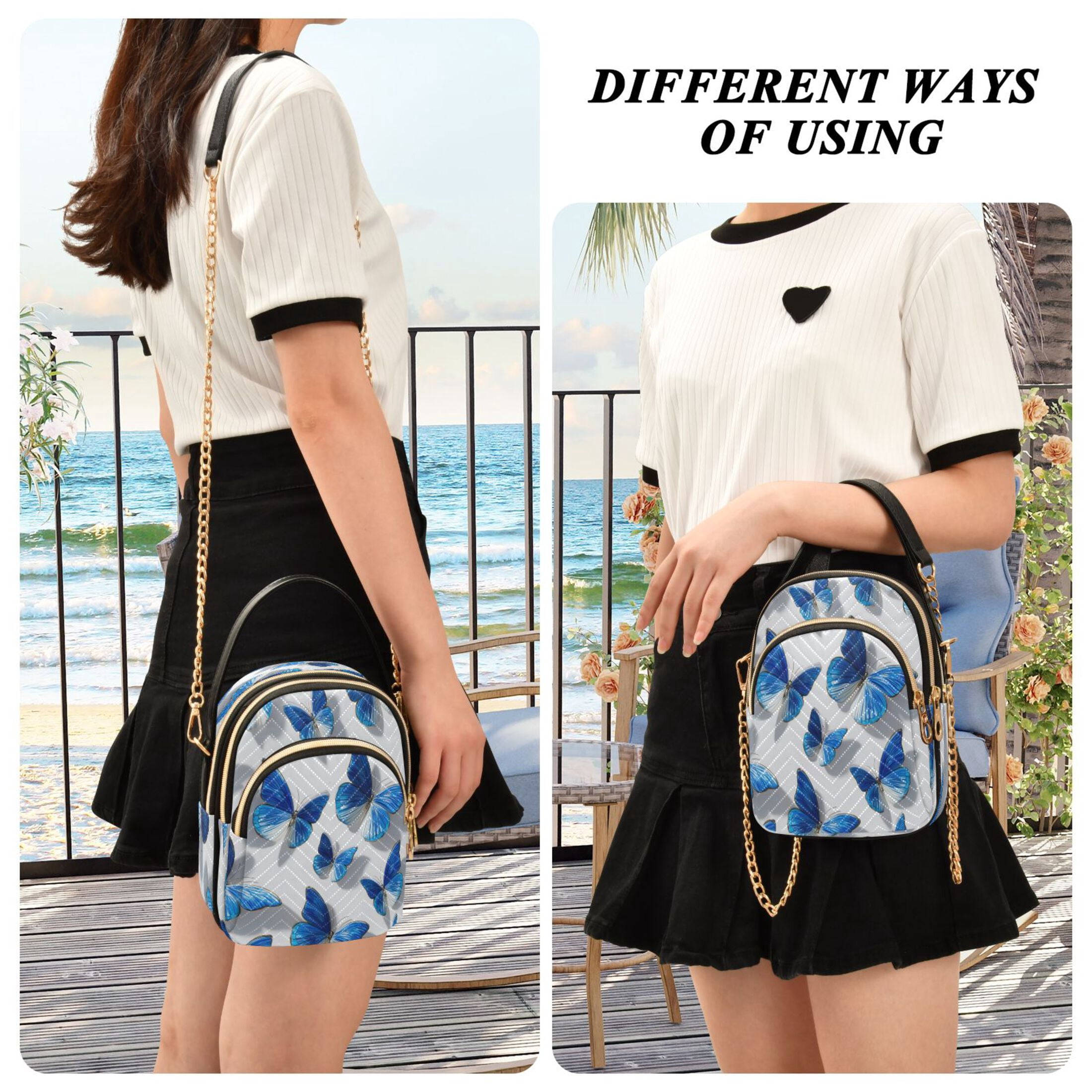 Quilted Women's Crossbody Bag Purses and Handbags with Detachable Leather Strap Blue and White Butterfly