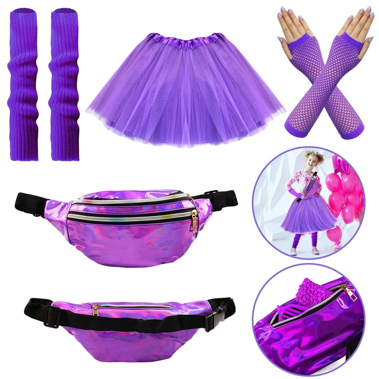 80s Costume Accessories for Women 80s Party Dress with Net Yarn Skirt Fanny Pack Fingerless Fishnet Gloves Necklace Bracelet Earring Leg