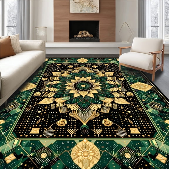 Flatwoven High Traffic Area Rug, Bedside Black Gold Vintage, Non Slip, Stain Resistant, Washable Area Rugs for Living Room, Bedroom(Black, 4X6)