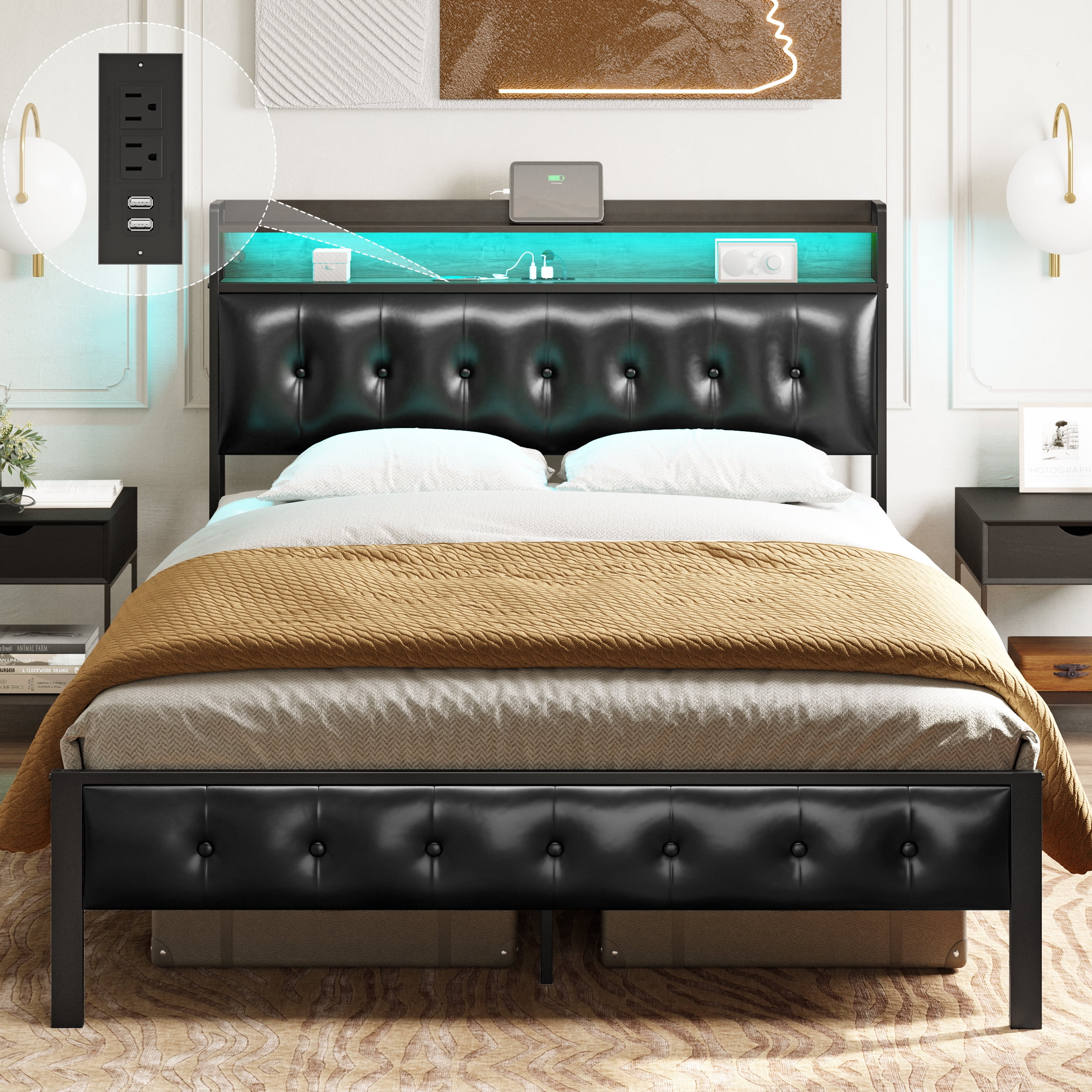 HAUSOURCE Full Size Bed Frame with PU Leather Storage Headboard
