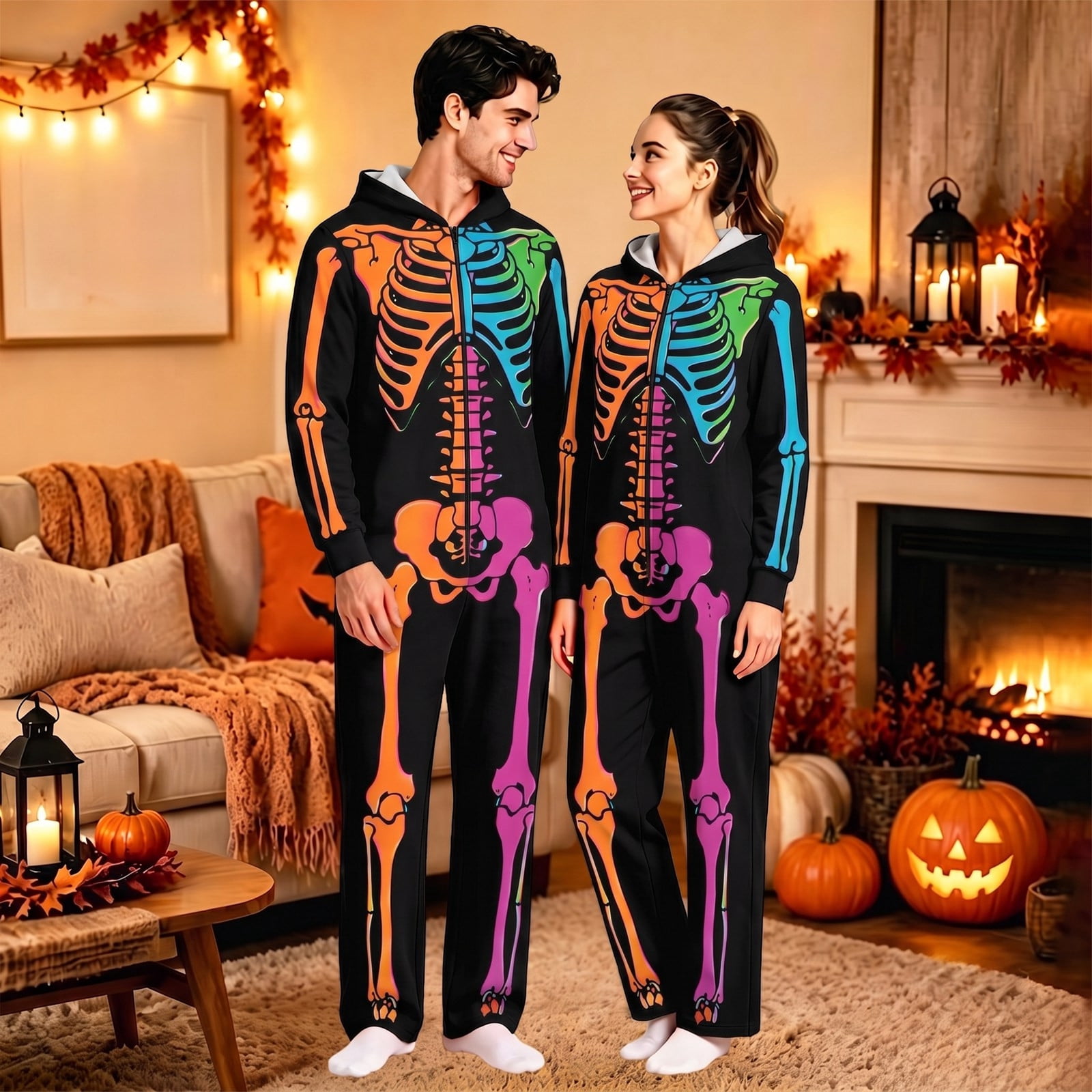 Joyfy Adult Unisex Black Cat Zipper Hooded Pajamas for Halloween