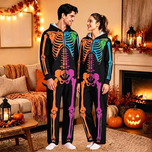 Halloween Onesie Adult Skeleton Long Sleeve Hooded Halloween Pajamas Hooded Soft Plush One Piece Jumpsuits Loungewear Sleepwear Outfit for Halloween Party