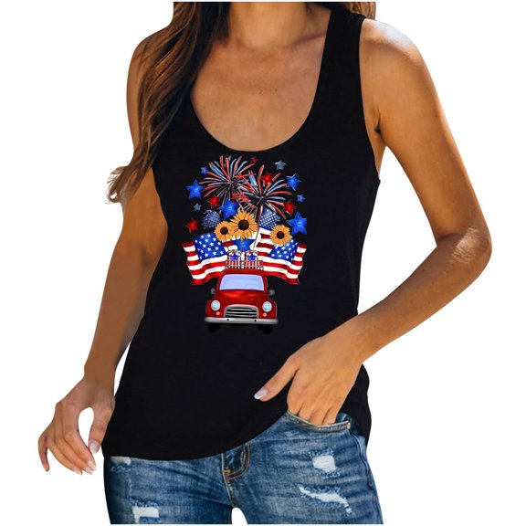 Fartey American Flag Patriotic Tank Tops for Women Slim Fit Summer Workout Camis Tops 4th of July Sleeveless Scoop Neck Camisoles USA Stars Stripes Print Blouses Black S