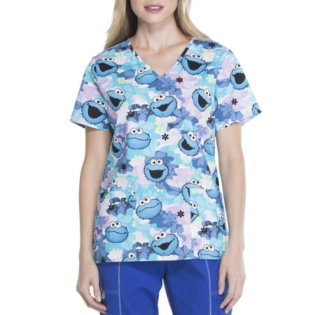 Sesame Street's Cookie Monster "Cookie Camo" Women's V-neck Printed Scrub Top