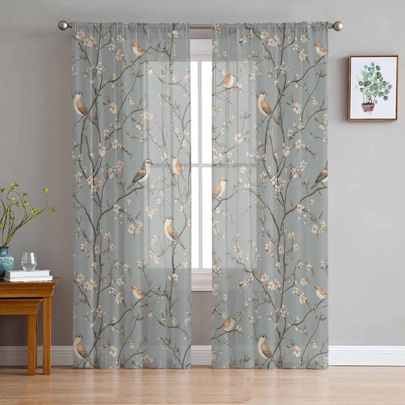 Tree Birds Sheer Curtains 84 Inch Length 2 Panels Set for Living Room/Bedroom, Vintage Grey Flower Floral Branch Spring Semi Curtain Sheers Drapes Rod Pocket Curtains Window Treatment Set 52''x84''x2
