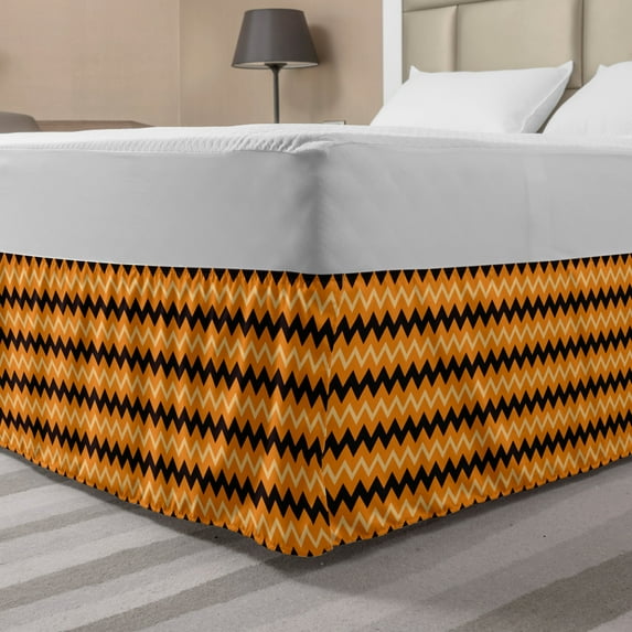 Stripes Bed Skirt, Chevron Zigzags Pattern with Warm Tones Geometric Lines Composition, Elastic Bedskirt Dust Ruffle Wrap Around for Bedding Decor, 4 Sizes, Orange Black Pale Orange, by Ambesonne