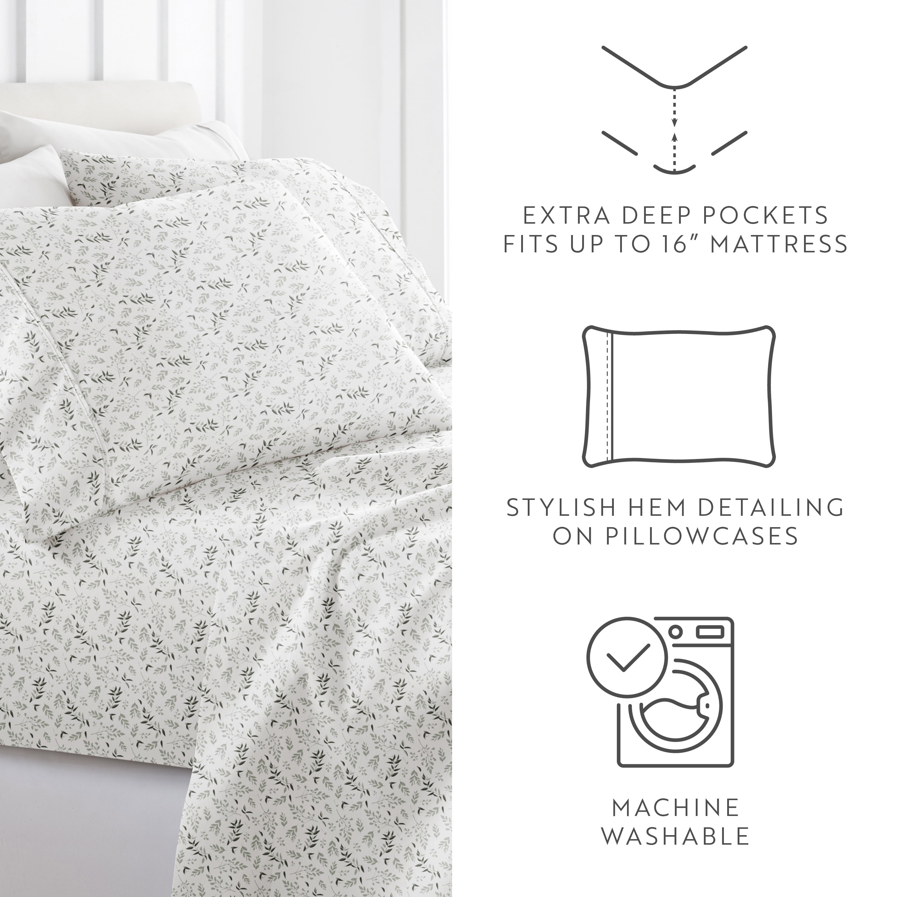 Noble Linens 4 Piece Pattern Microfiber Bed Sheets Set, Tossed Foliage Eucalyptus, Cal King