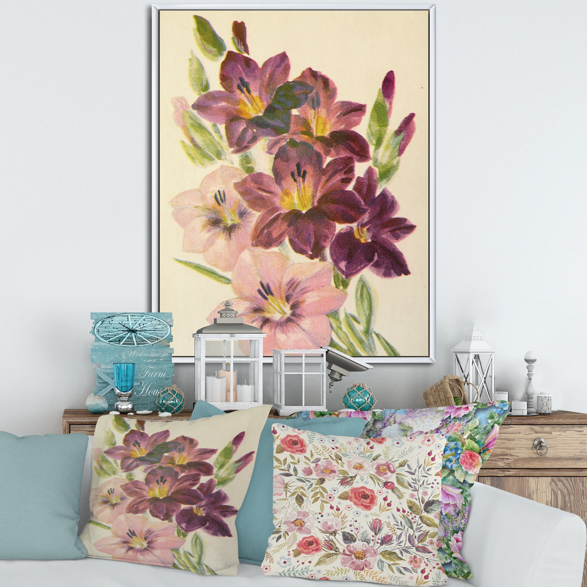 Designart 'Retro Dark and Light Pink Gladiolus' Traditional Framed Canvas Wall Art Print