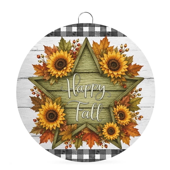 Welcome Sign for Front Door, Happy Fall Round Metal Wall Art Wreaths, Botanical Sunflower Checked Thanksgiving Wood Outdoor Indoor Wall Hanging Sign for Porch Decor Housewarming Gifts 7.9 Inch