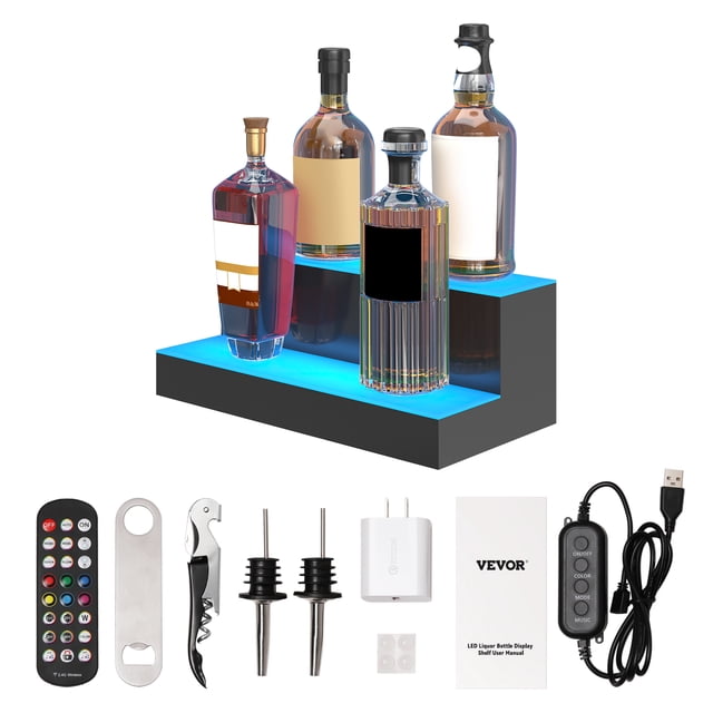 VEVOR Présentoir de Bouteilles de Liqueur Éclairé à LED, 2 Niveaux 16 Pouces, Supporte USB, Étagère de Bar Éclairée avec Télécommande RF & Contrôle par Application 7 Couleurs Statiques Minuterie 1-4 H, Étagère d'Éclairage en Acrylique pour 8 Bouteilles