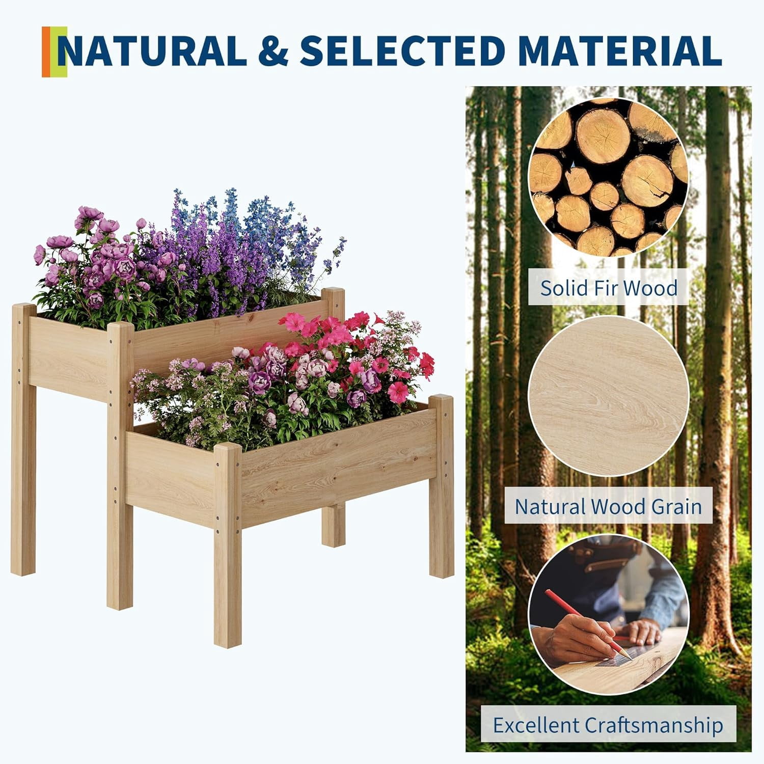Riedhoff 2 Tier Wooden Raised Garden Bed with Legs, 33.86 x 33.86 x 28.74", 8 Drainage Holes, Oak