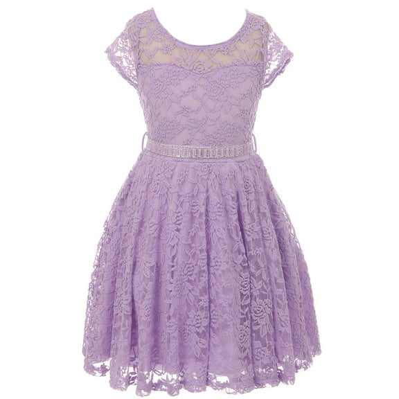 Little Girl Cap Sleeve Lace Skater Stone Belt Flower Girls Dresses (19JK88S) Lilac 2