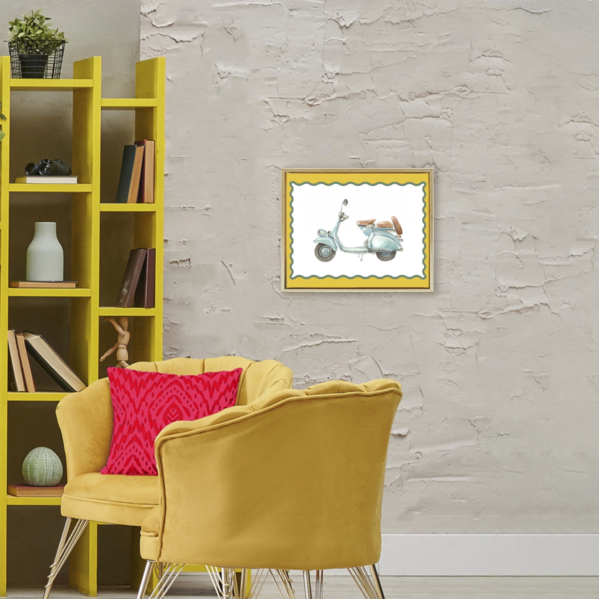 Stupell Industries Blue Vespa with Yellow Border Gold Framed Floater Canvas Wall Art, design by Lanie Loreth
