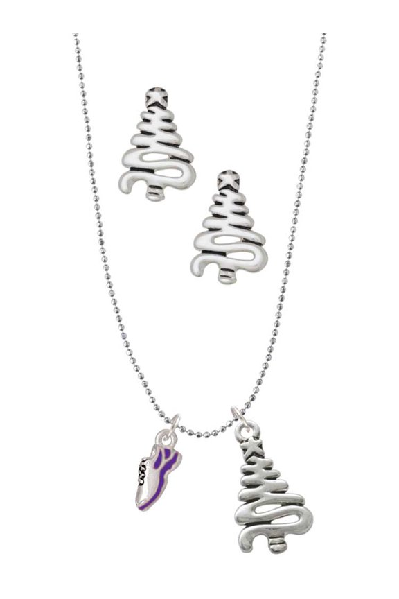 Silvertone Mini Purple Running Shoe Silver tone Zig Zag Christmas Tree Charm Necklace and Stud Earrings