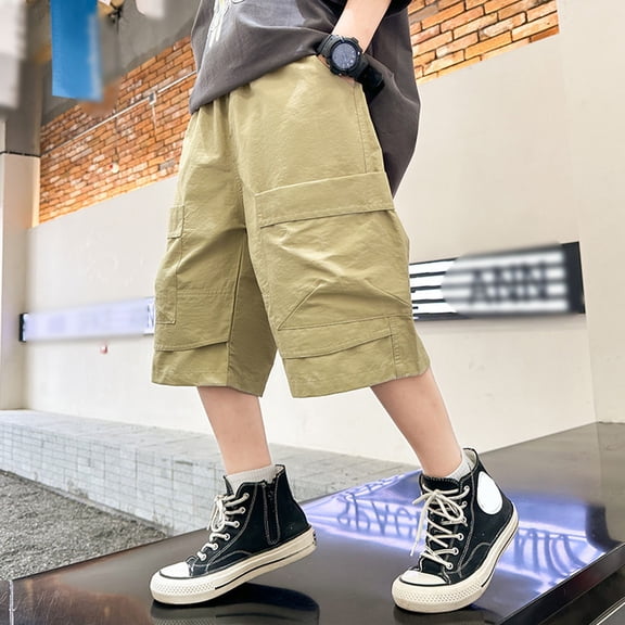HAYIMI Kids Pants Boys Spring Summer Street Leisure Sports Pocket Drawstring Stretch Waist Cargo Knee Length Pants Relaxed Fit Solid Color Daily Casual Trousers Slacks