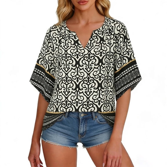 Kezqiaxn Plus Size Blouses for Women Fashion Floral Short Sleeve V-Neck Loose Shirts Summer Plus Size Tops