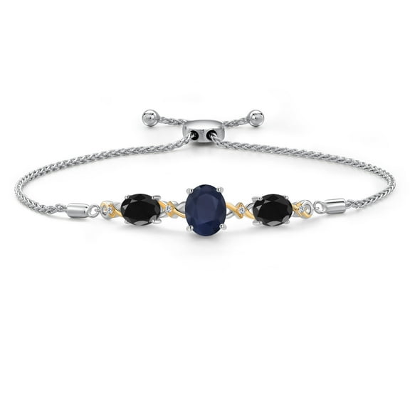 925 Silver & 10K Yellow Gold Blue Sapphire Black Sapphire & Lab Grown Diamond Bracelet for Women | 6.38 Cttw | Gemstone September Birthstone | Oval 10X8MM and 8X6MM | Fully Adjustable 9 inch