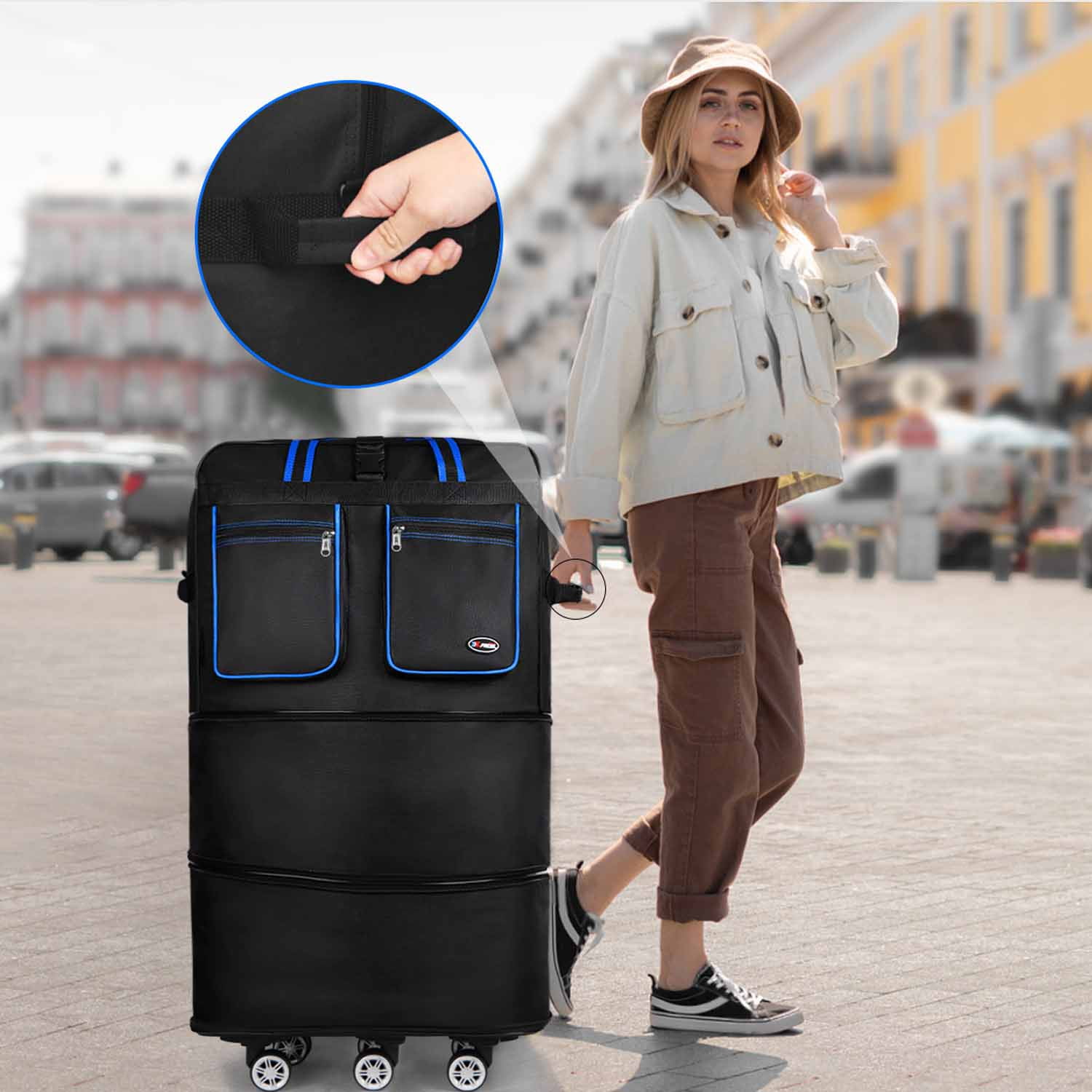 40" Expandable Foldable Luggage Bag,Collapsible Suitcases with Wheels,Lightweight Rolling Duffle Bag for Travel, Moving, Home Storage, Blue/Trim, MEX