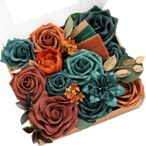 Ling's Moment Teal Artificial Flowers Greenery Mini Box Set, Terracotta & Burnt Orange Fake Flower for DIY Wedding Bridal Bouquet, Centerpieces Decor, Floral Arrangement Decor, etc.