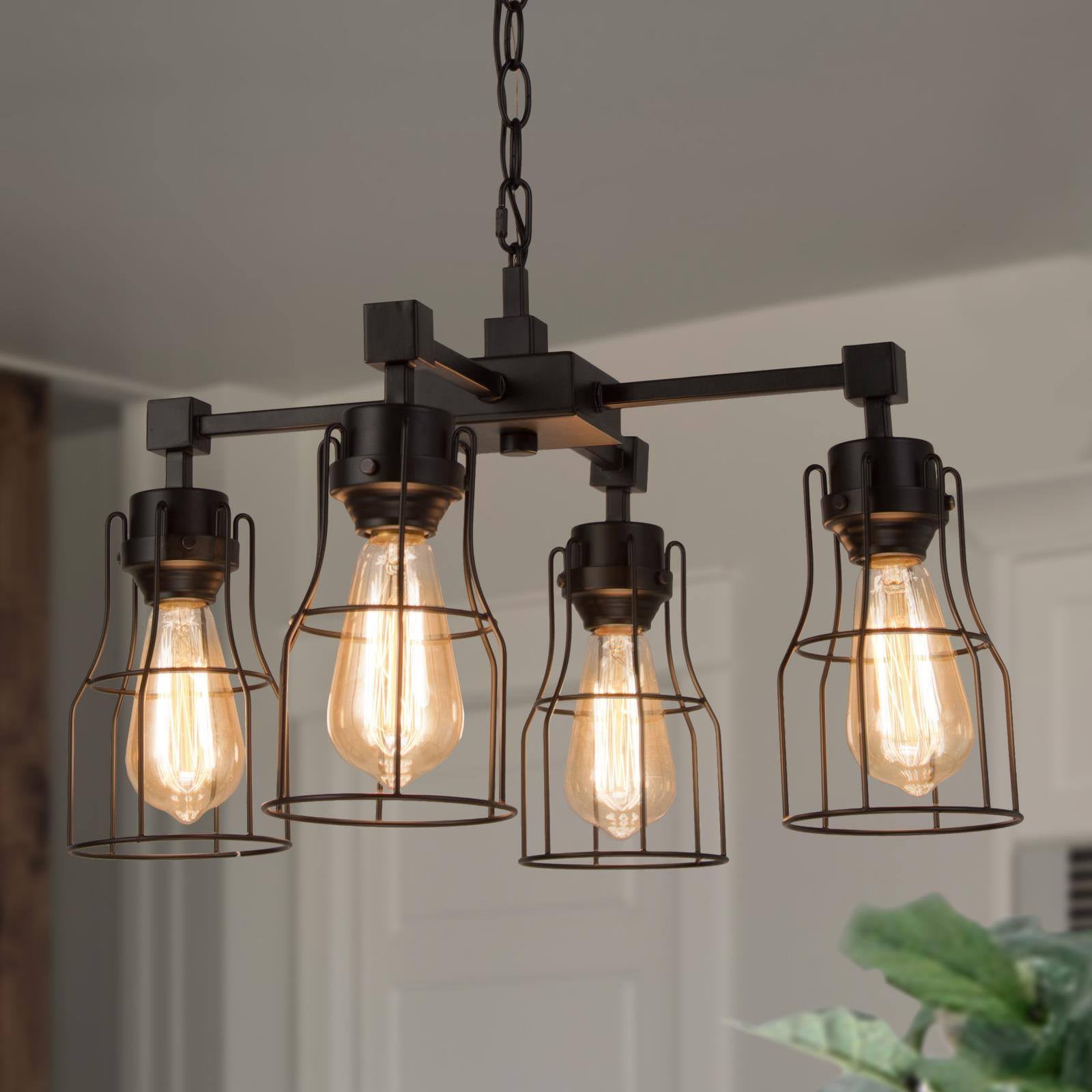 LNC 4-Light Black and Brown Wood Sputnik LED Pendant for Kitchen Island