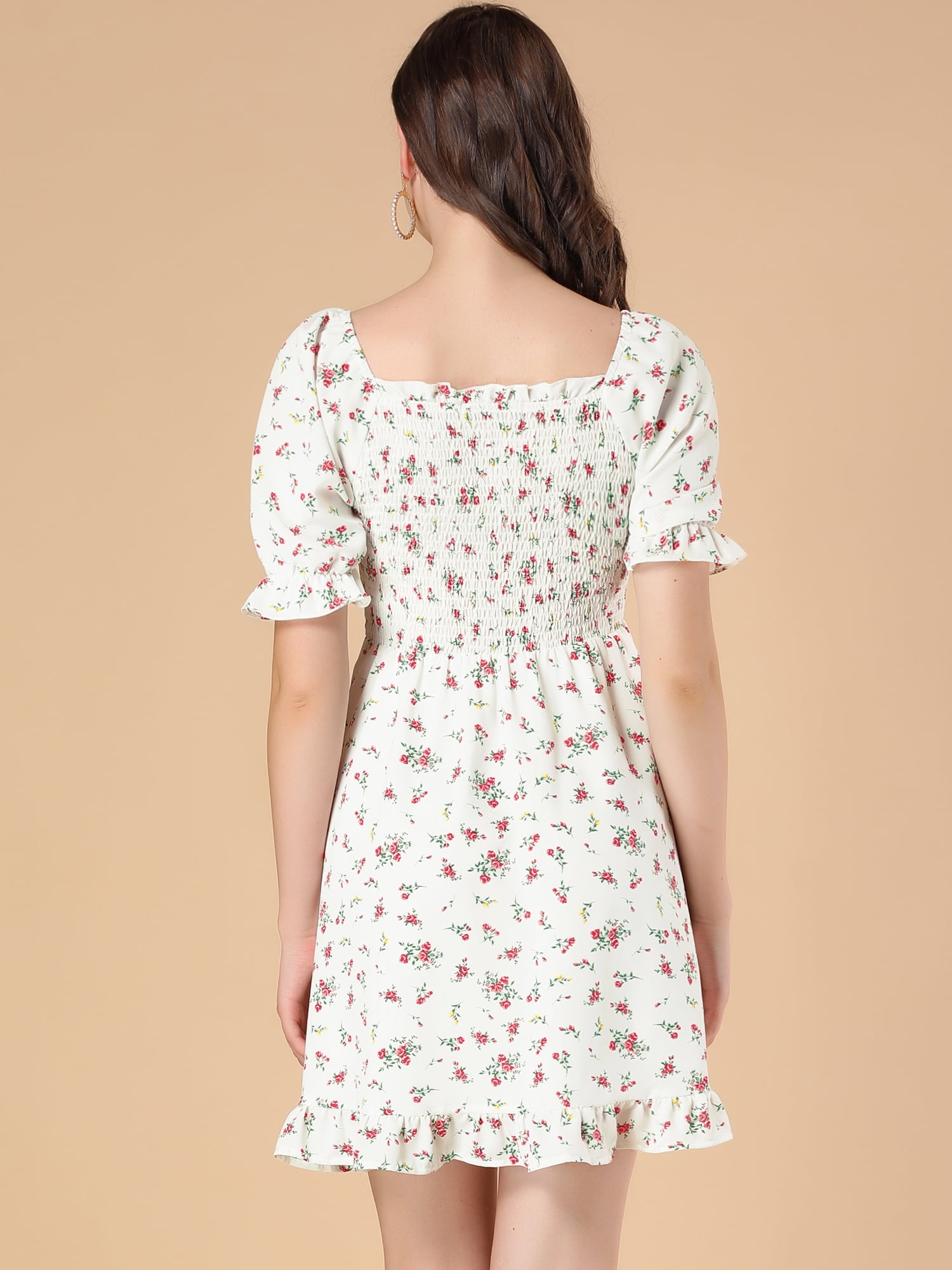 DARING DIVA Puff Sleeve Back Smocked Sweetheart Neck Ruffled Hem Dress XL White
