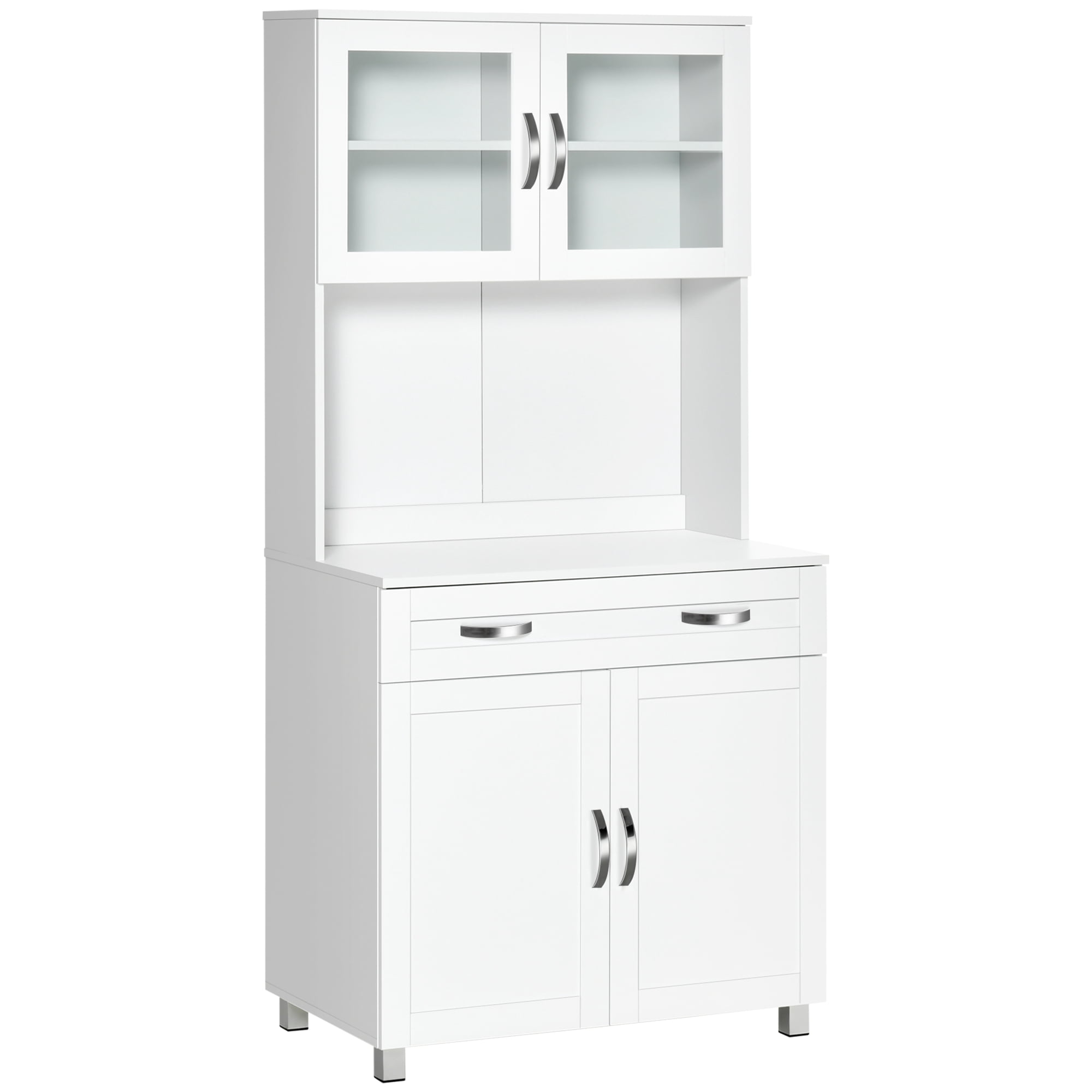 HOMCOM 67" Pantry Cabinet, Modern Kitchen Hutch, Freestanding Storage Cabinet with Glass Doors, Adjustable Shelves and Drawers, White