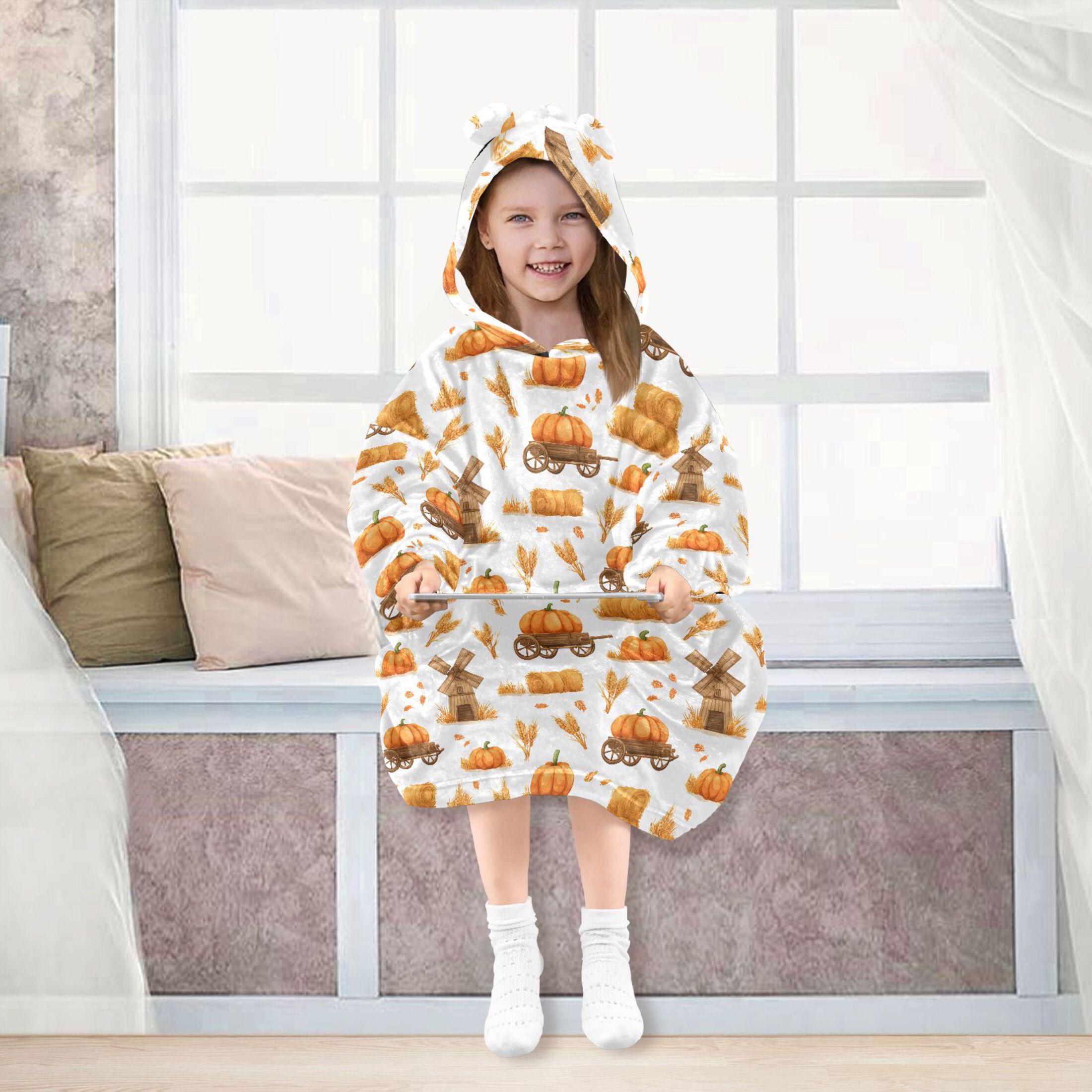 Wearable Blanket Hoodie for Kids Pumpkin Wheat Flannel Hooded Blanket with Pockets and Sleeves Suitable for Boys and Girls