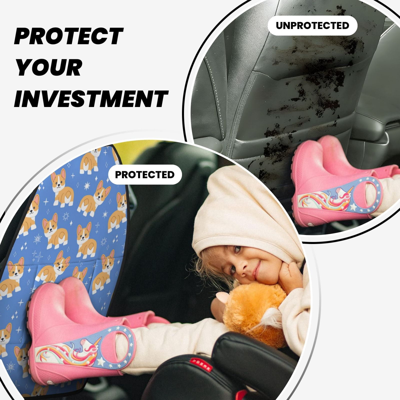 Kdxio Kawaii Corgi Print 2 Pack Car Kick Mat Seat Cover Back Protector Mat with Pockets for Organizer Backseat Protector and Storage Anti Kick Pad for Vehicles